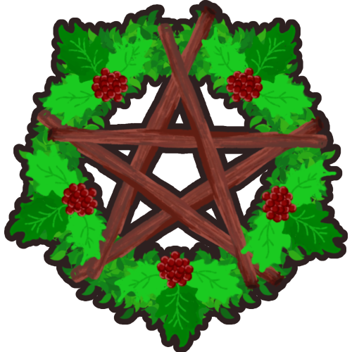 A Yule wreath, which has a pentacle made of wooden branches surrounded by a green wreath of holly leaves and berries.